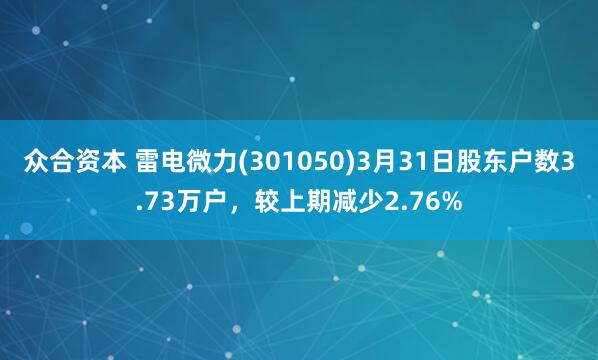 众合资本 雷电微力(301050)3月31日股东户数3.73万户，较上期减少2.76%